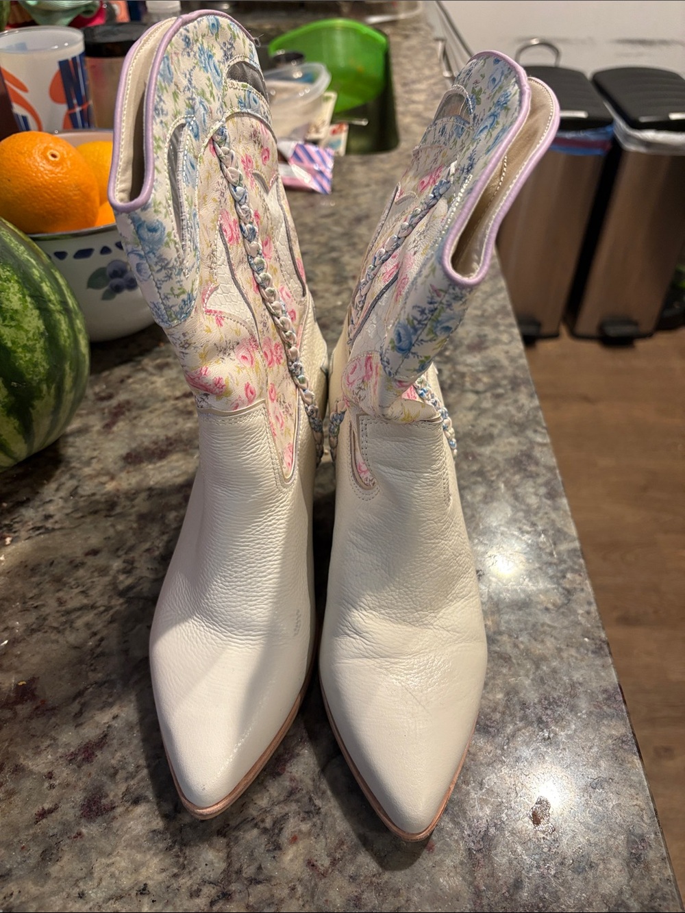 Dolce Vita White Leather Ankle Boots with Pastel Floral Shaft